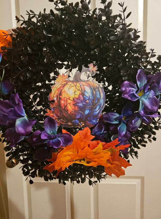 Halloween Pumpkin Wreath Black Leaf Base with Purple Florals and Orange Autumn Accents Spooky Fall Door Décor