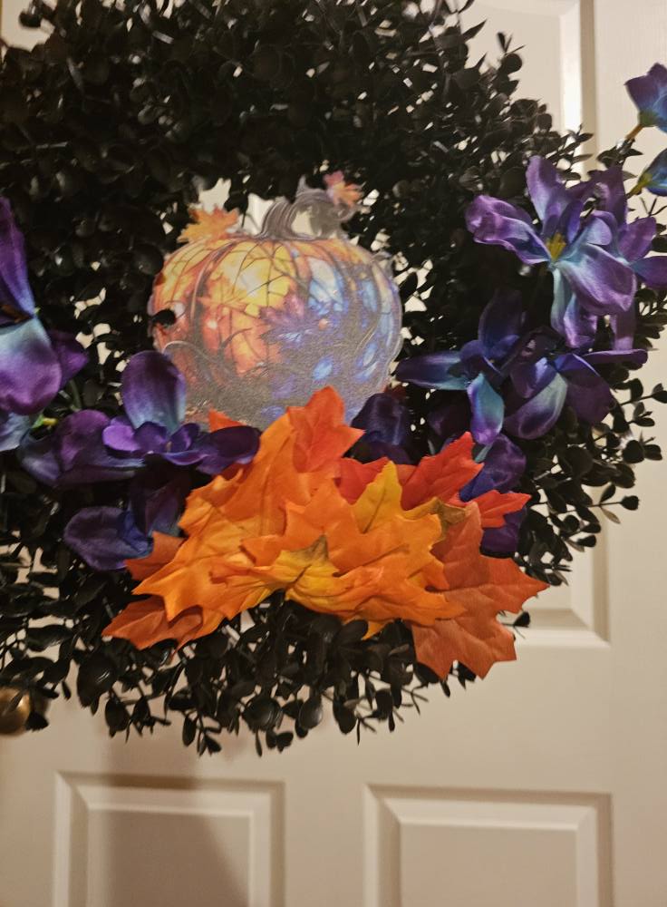 Halloween Pumpkin Wreath Black Leaf Base with Purple Florals and Orange Autumn Accents Spooky Fall Door Décor