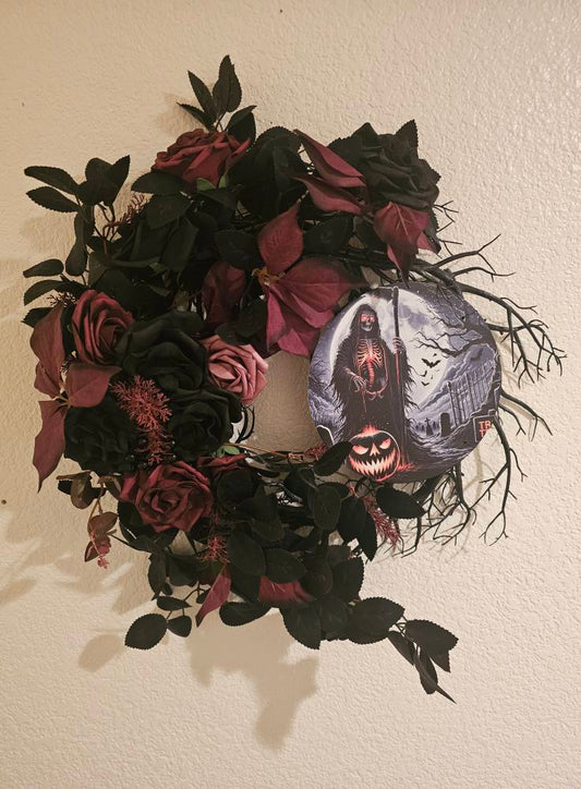 Gothic Halloween Wreath with Skeleton Reaper Black Red Roses Spooky Front Door Décor