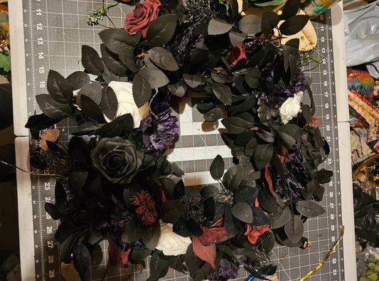 Gothic Black Rose Wreath Dark Floral Front Door Décor with Red, Purple and White Accents Spooky Elegant Style
