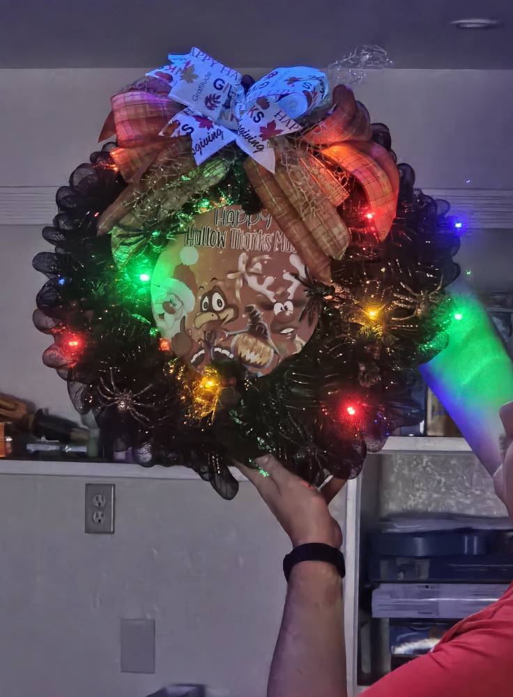 Happy HallowThanksMas Wreath Halloween Thanksgiving Christmas Mesh Wreath with Lights and Festive Bows