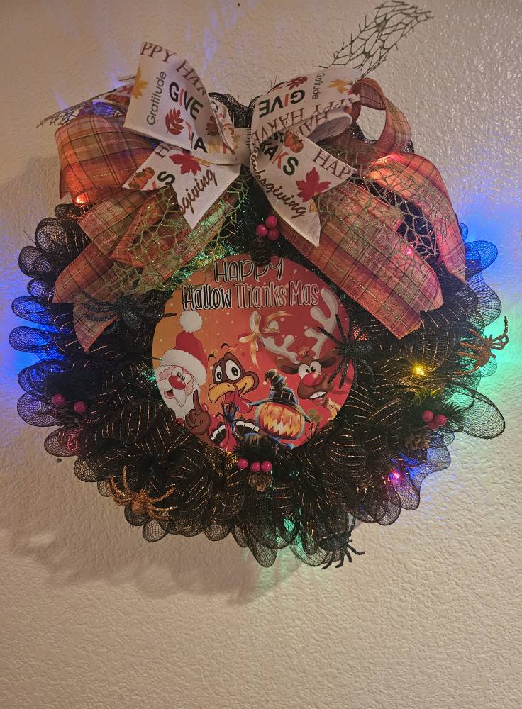 Happy HallowThanksMas Wreath Halloween Thanksgiving Christmas Mesh Wreath with Lights and Festive Bows