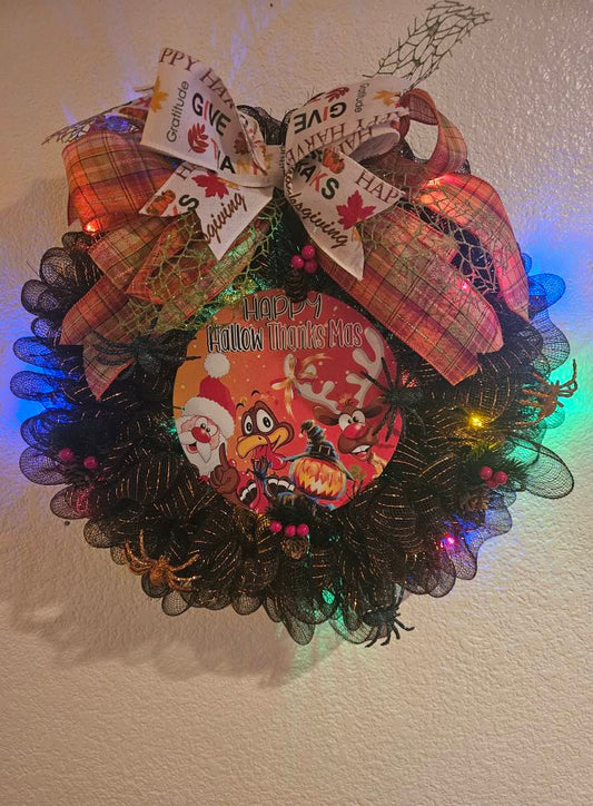 Happy HallowThanksMas Wreath Halloween Thanksgiving Christmas Mesh Wreath with Lights and Festive Bows