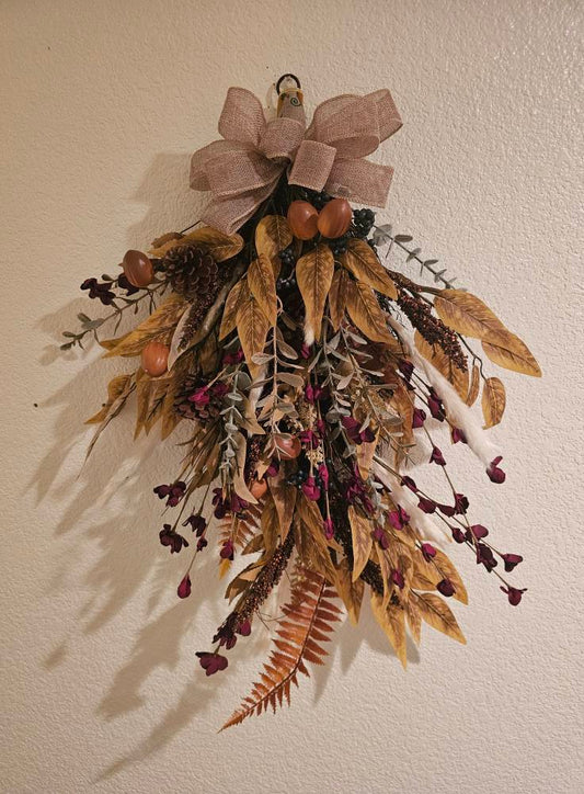 Rustic Autumn Swag Wreath, Farmhouse Fall Door Décor with Burlap Bow, Acorns, Pinecones and Burgundy Florals