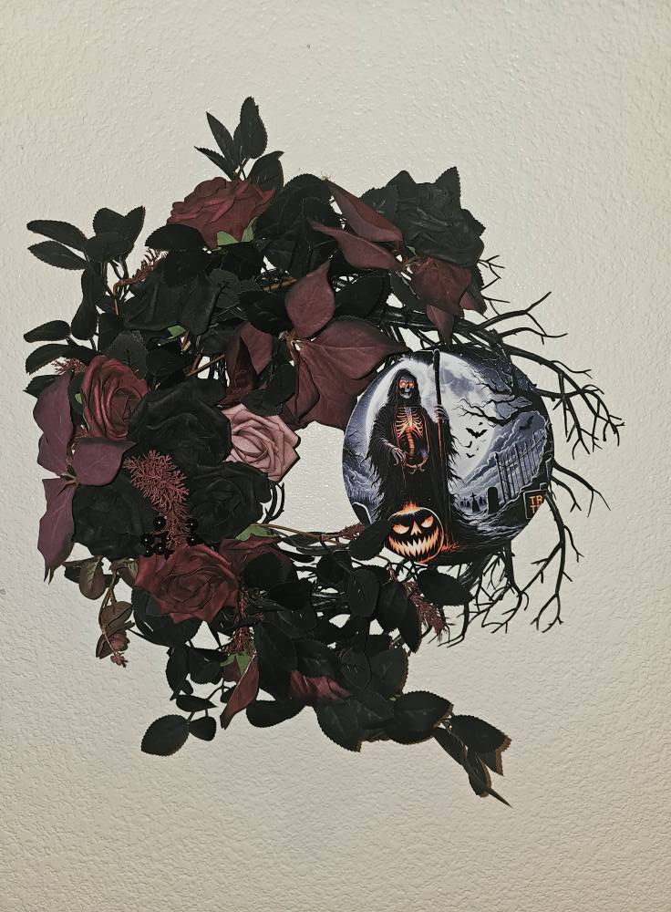 Gothic Halloween Wreath with Skeleton Reaper Black Red Roses Spooky Front Door Décor