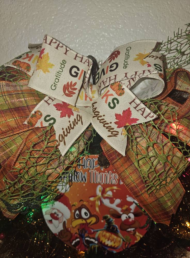 Happy HallowThanksMas Wreath Halloween Thanksgiving Christmas Mesh Wreath with Lights and Festive Bows