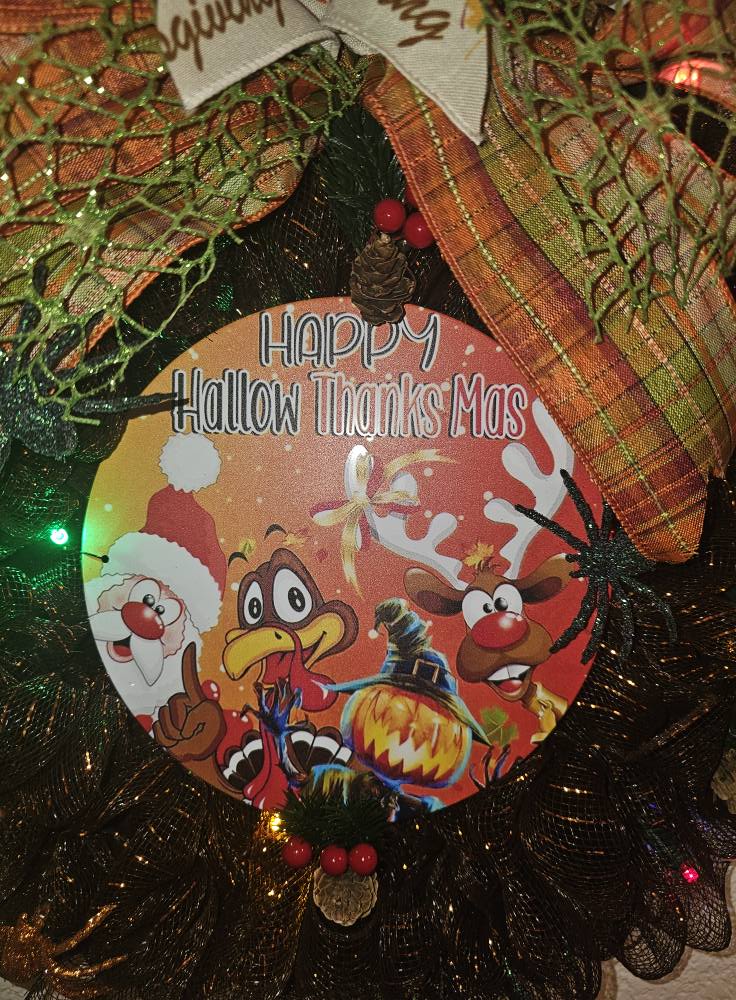 Happy HallowThanksMas Wreath Halloween Thanksgiving Christmas Mesh Wreath with Lights and Festive Bows