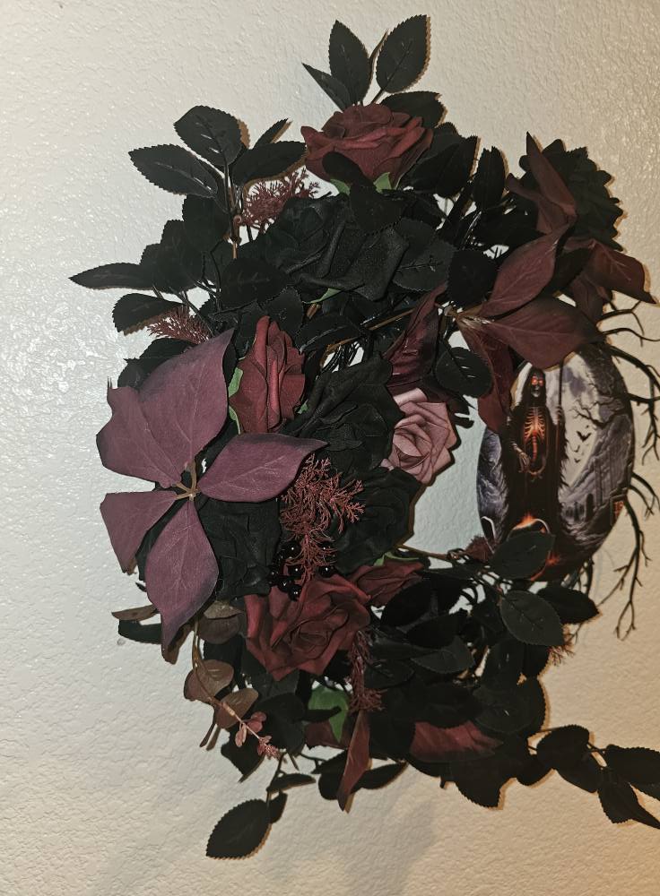 Gothic Halloween Wreath with Skeleton Reaper Black Red Roses Spooky Front Door Décor