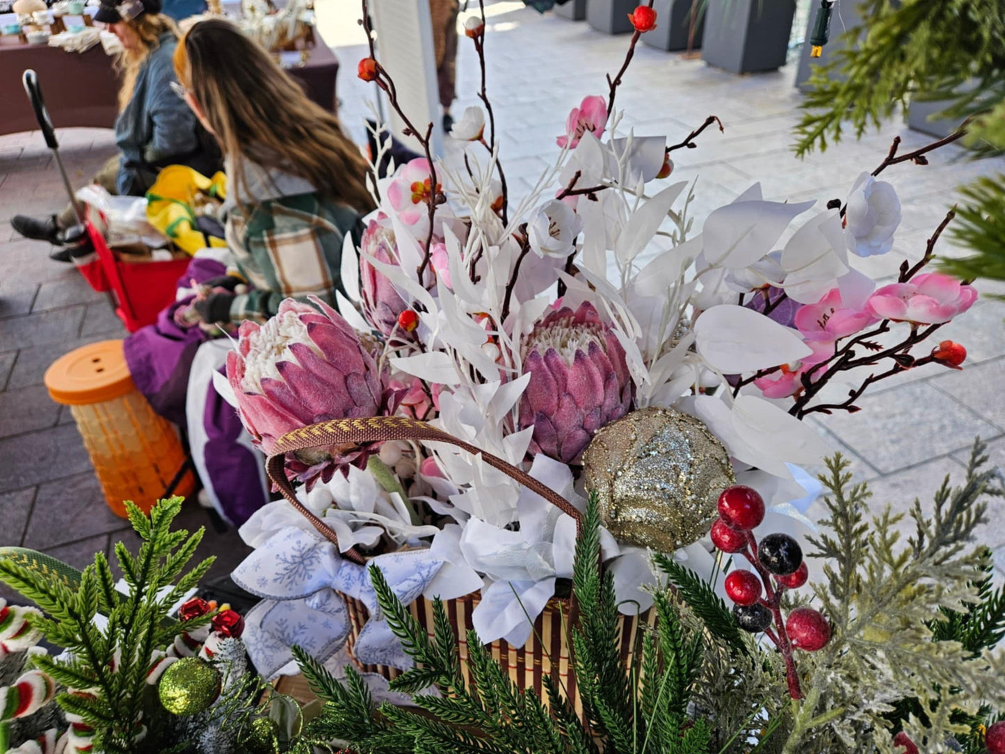 Handmade Winter Centerpiece – Holiday Basket Arrangement with Frosted Pine, Berries & Bow