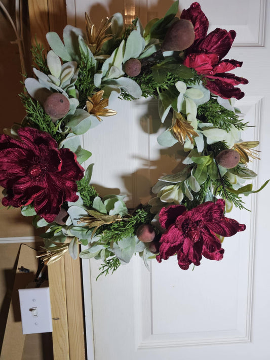 Burgundy & Gold Winter Magnolia Wreath – Handmade Holiday Door Decor
