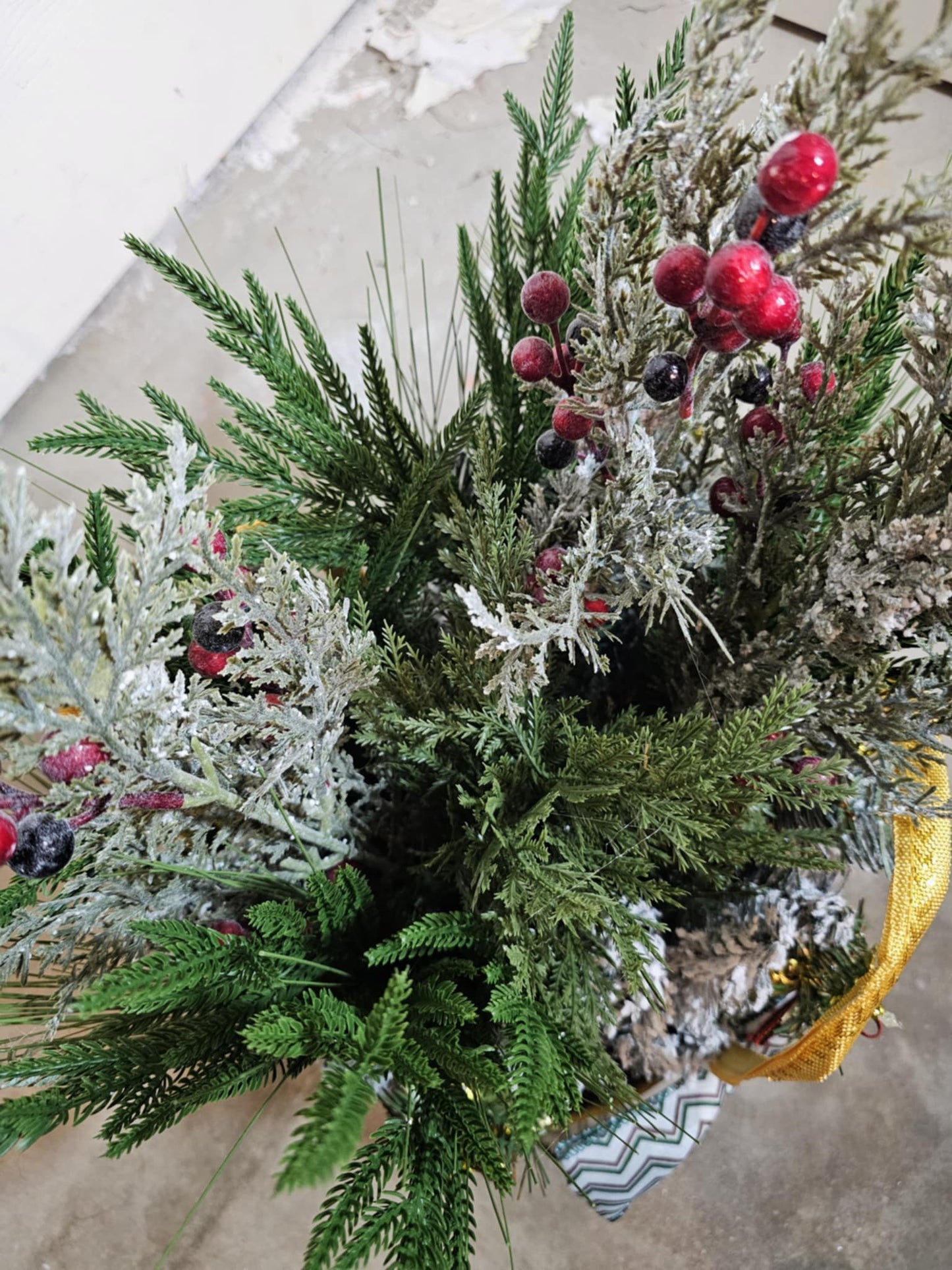 Handmade Winter Centerpiece – Holiday Basket Arrangement with Frosted Pine, Berries & Bow