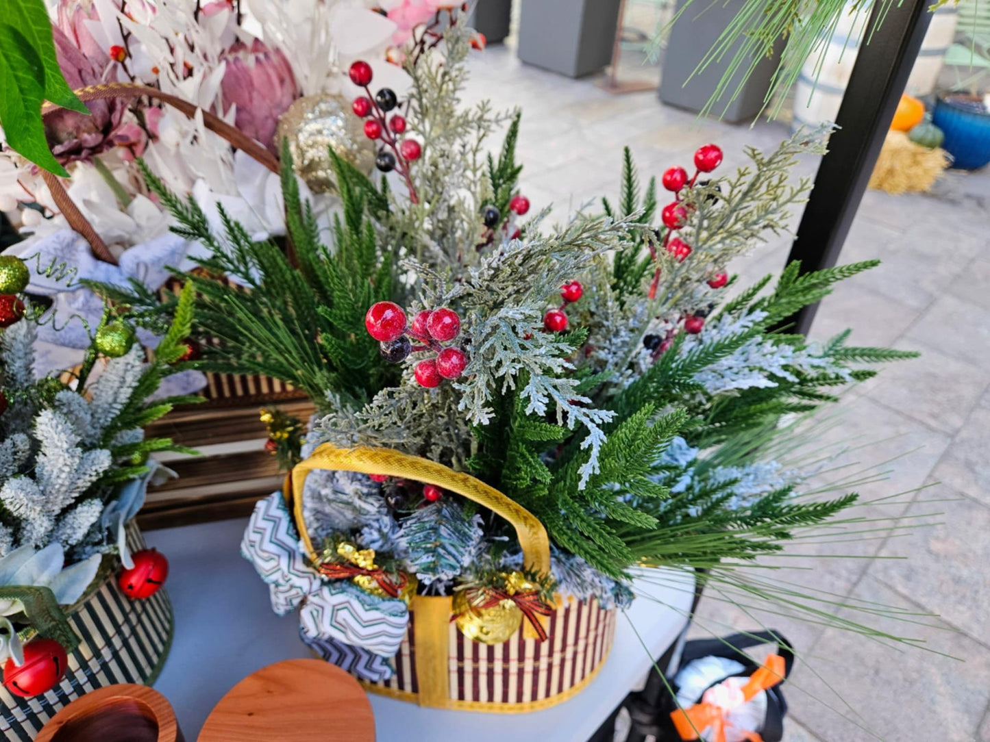 Handmade Winter Centerpiece – Holiday Basket Arrangement with Frosted Pine, Berries & Bow