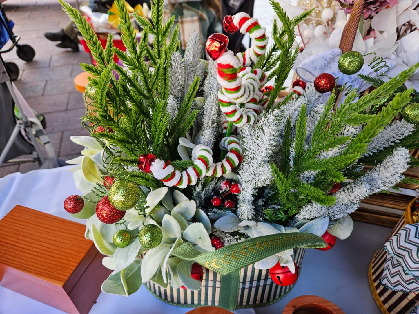Handmade Winter Centerpiece – Holiday Basket Arrangement with Frosted Pine, Berries & Bow