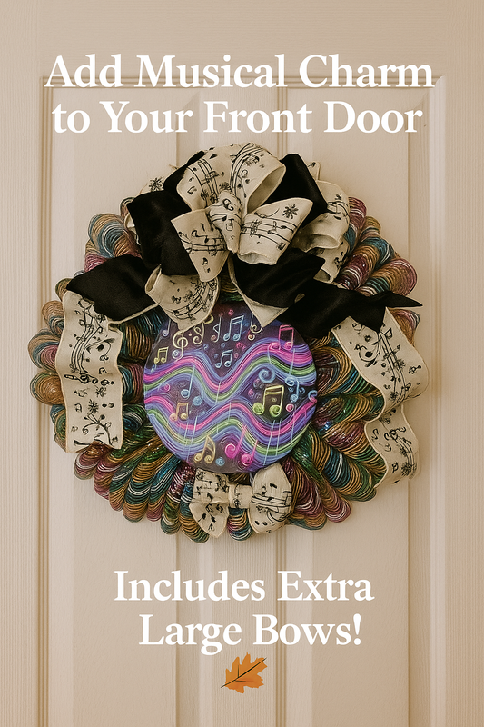 Handmade Musical Wreath | Colorful Deco Mesh Swag with Music Notes & Ribbon | Music Lover Door Decor