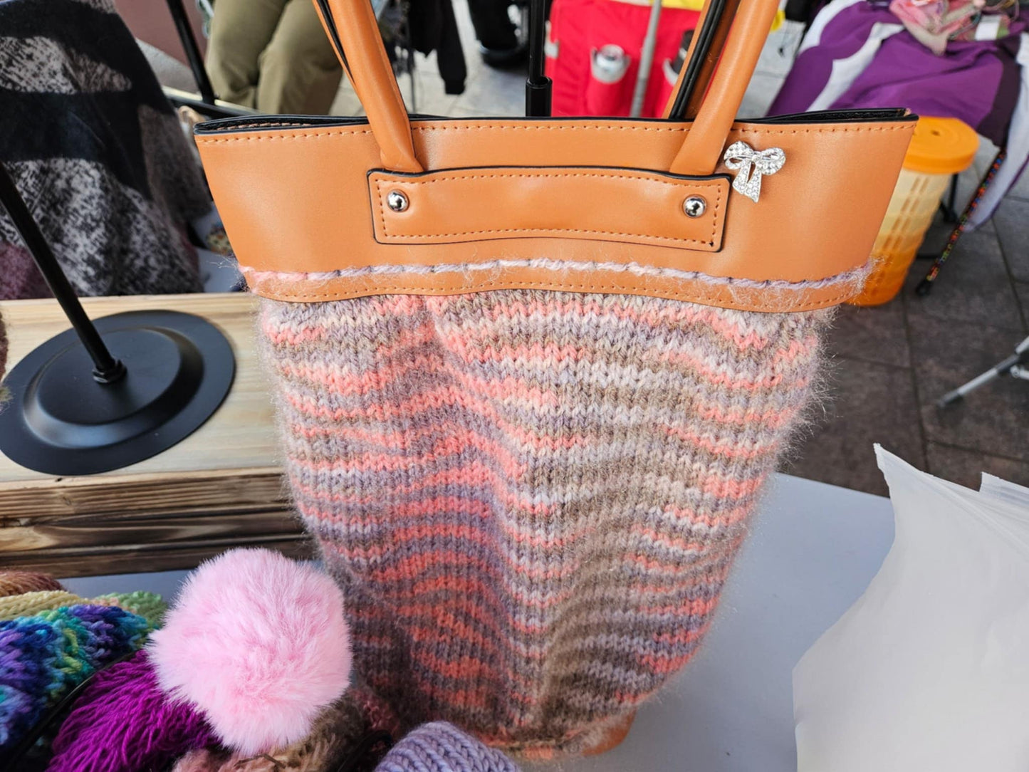 Hand-Knitted Wool Tote – Canvas Lined & Faux Leather Base