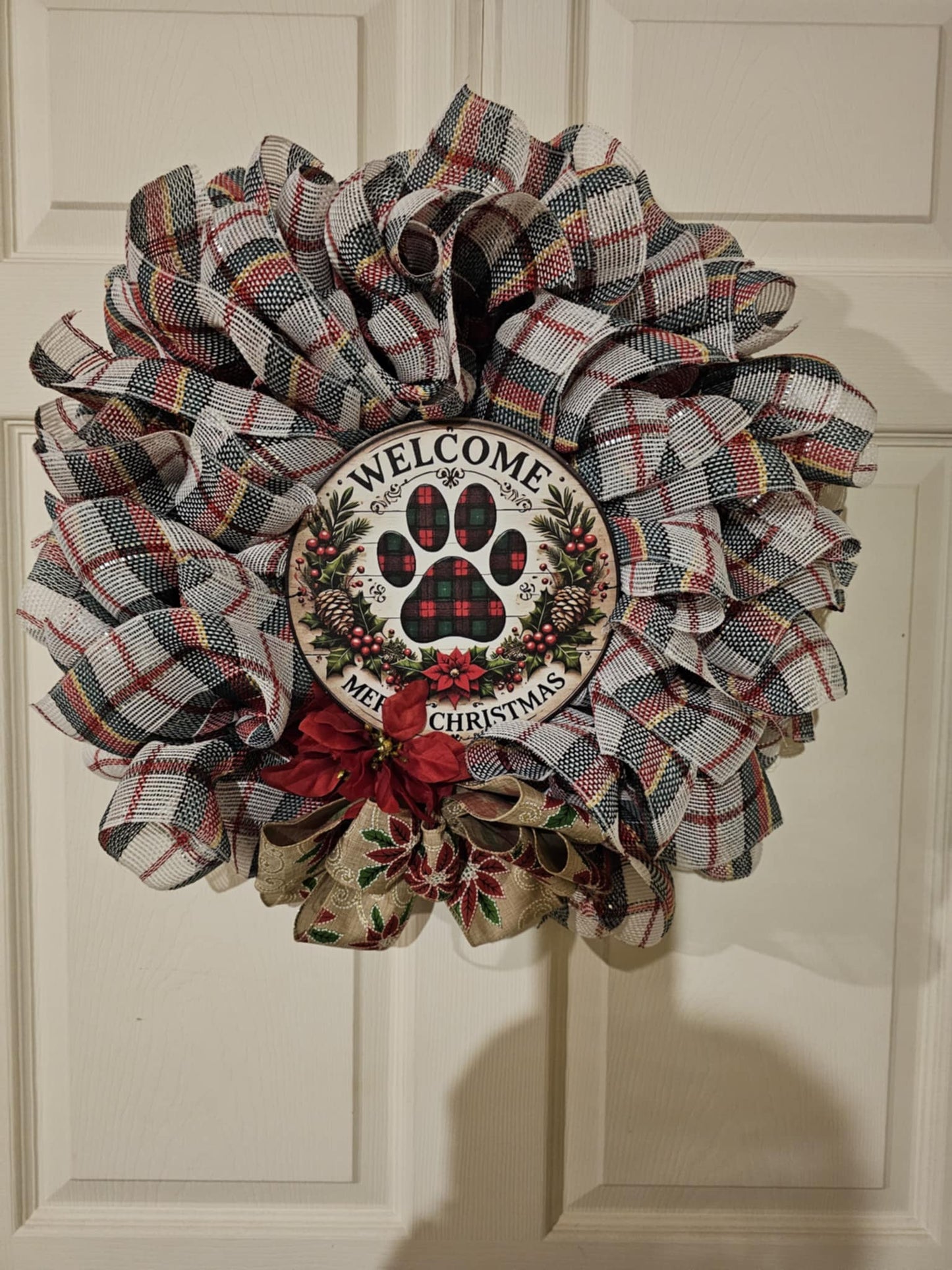 Plaid Paw Print Christmas Wreath – Handmade Holiday Door Decor