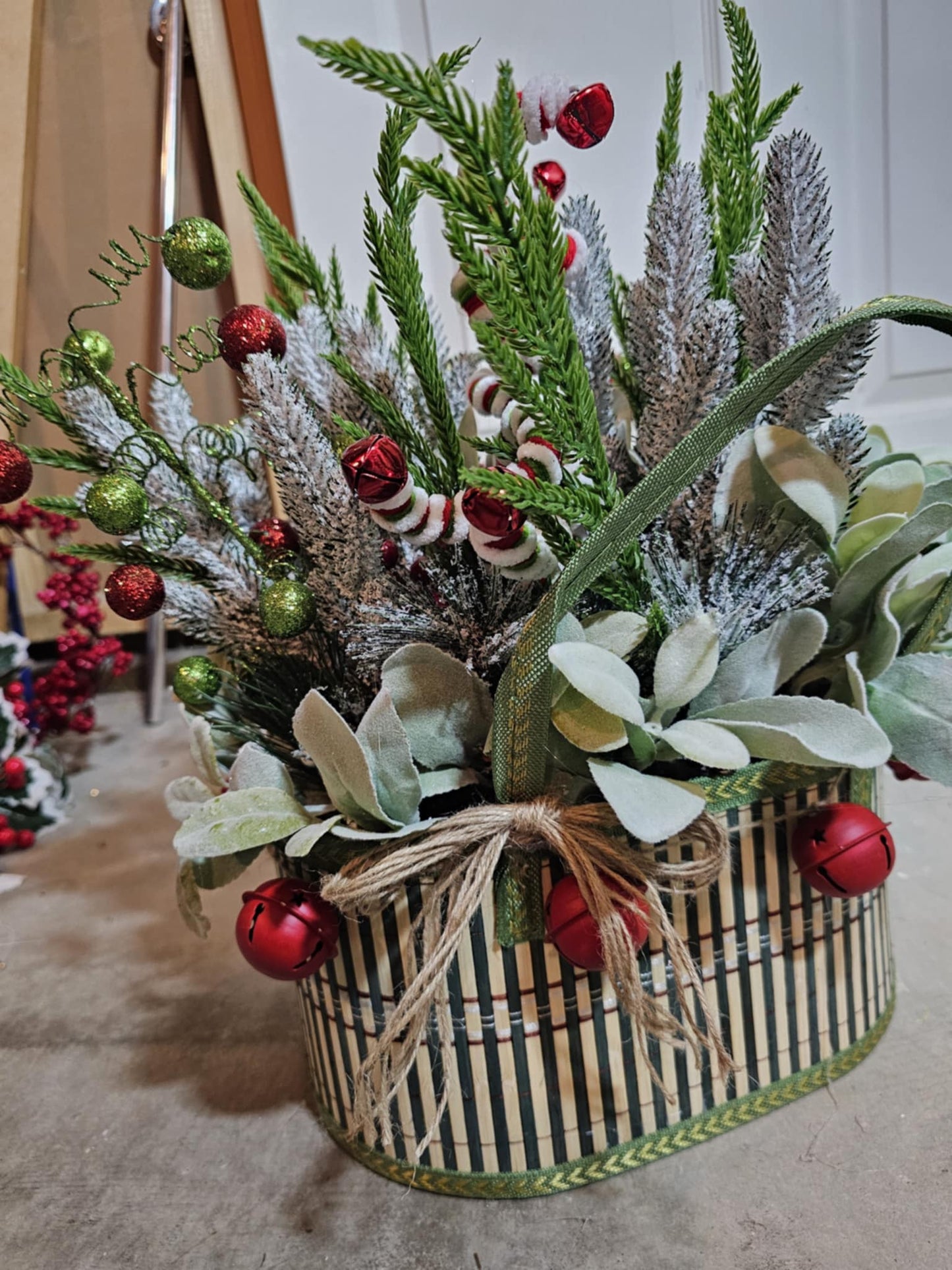 Handmade Winter Centerpiece – Holiday Basket Arrangement with Frosted Pine, Berries & Bow