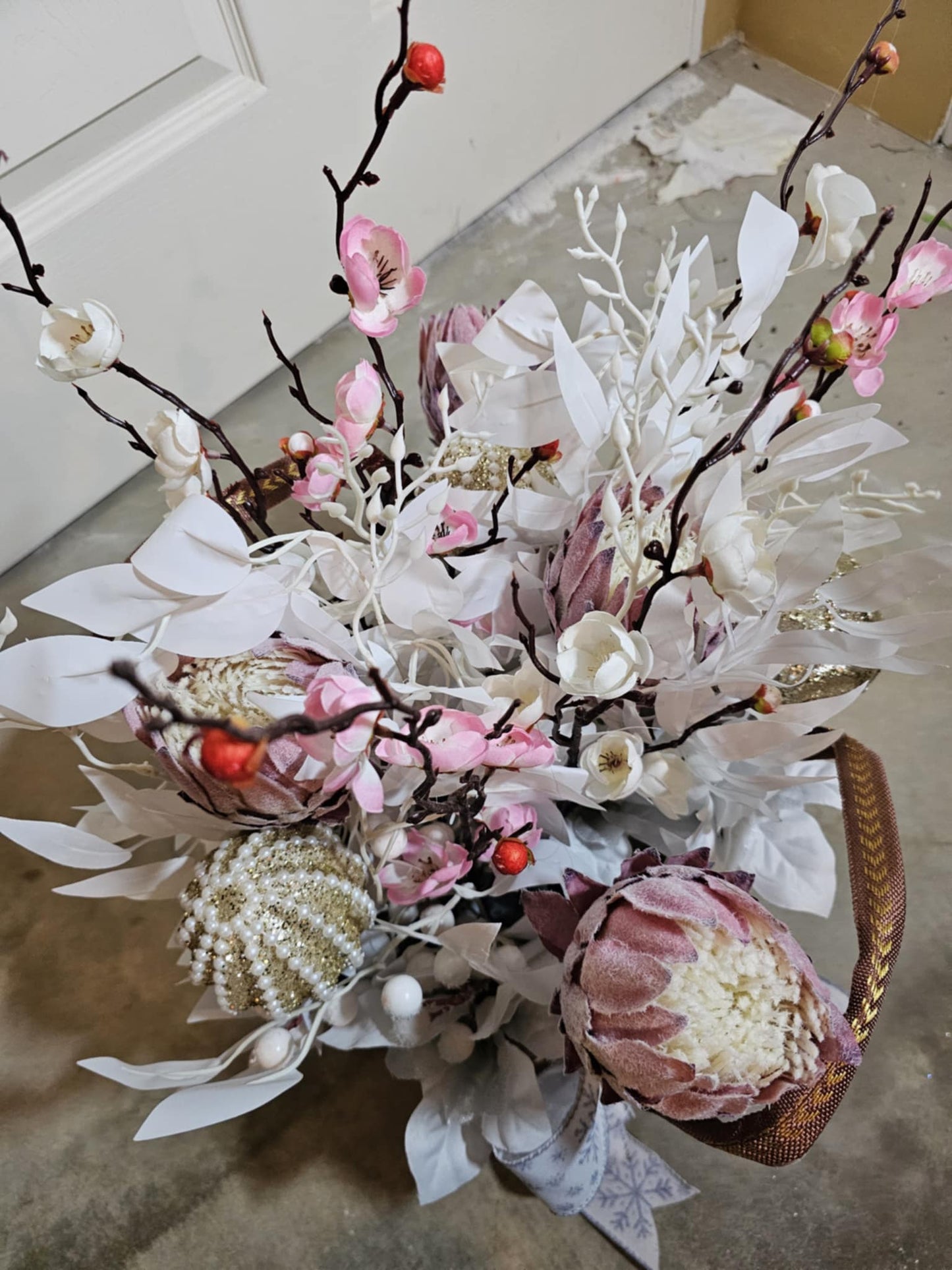 Handmade Winter Centerpiece – Holiday Basket Arrangement with Frosted Pine, Berries & Bow