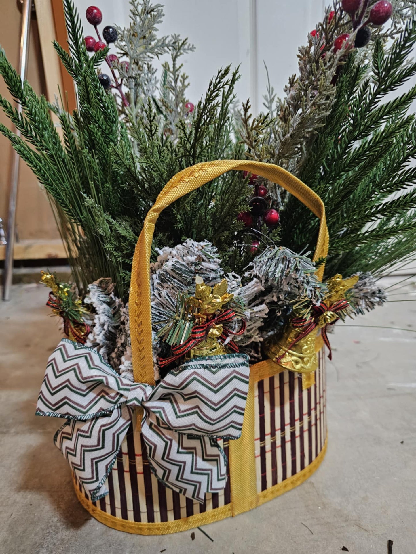 Handmade Winter Centerpiece – Holiday Basket Arrangement with Frosted Pine, Berries & Bow