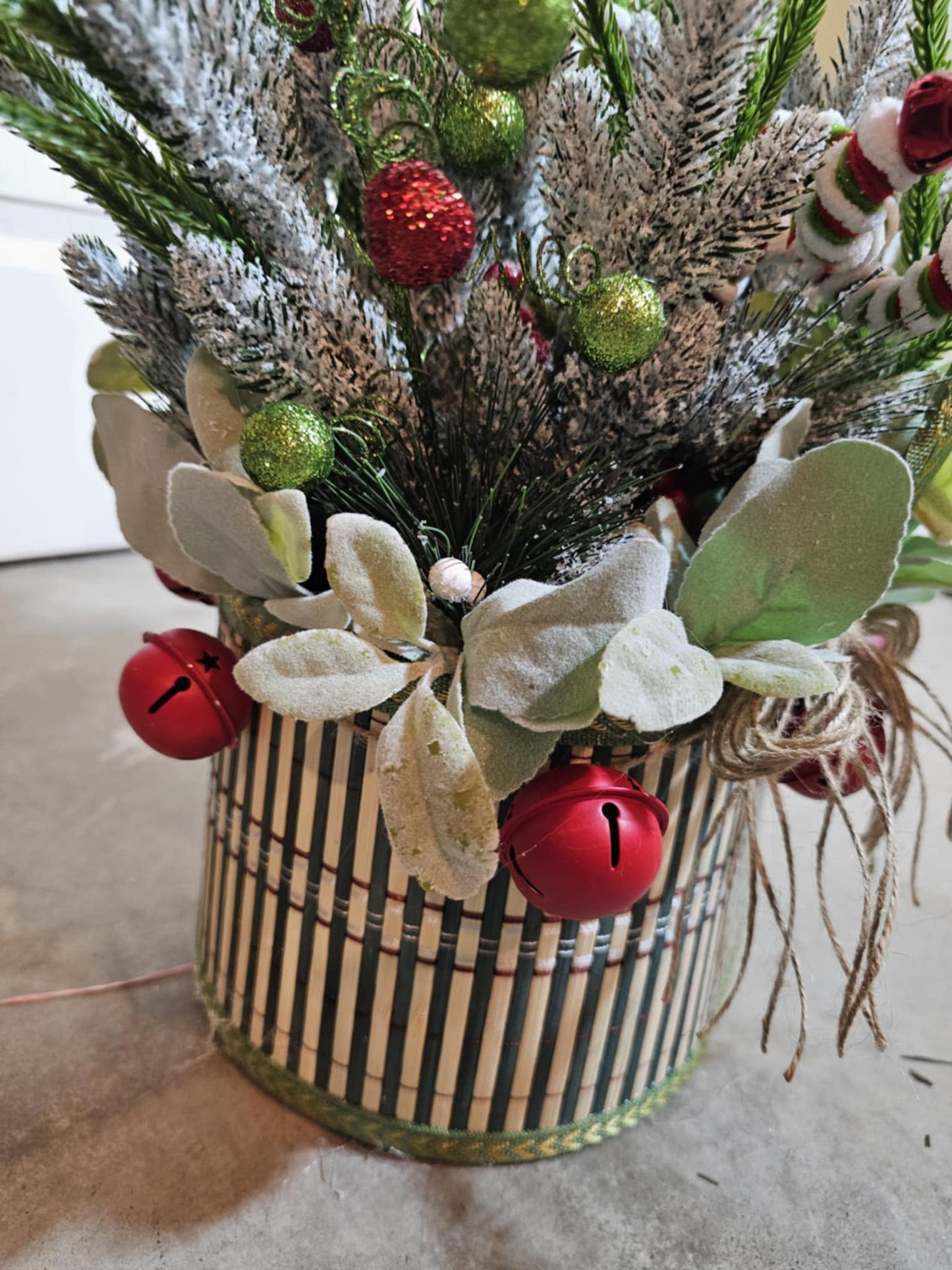 Handmade Winter Centerpiece – Holiday Basket Arrangement with Frosted Pine, Berries & Bow