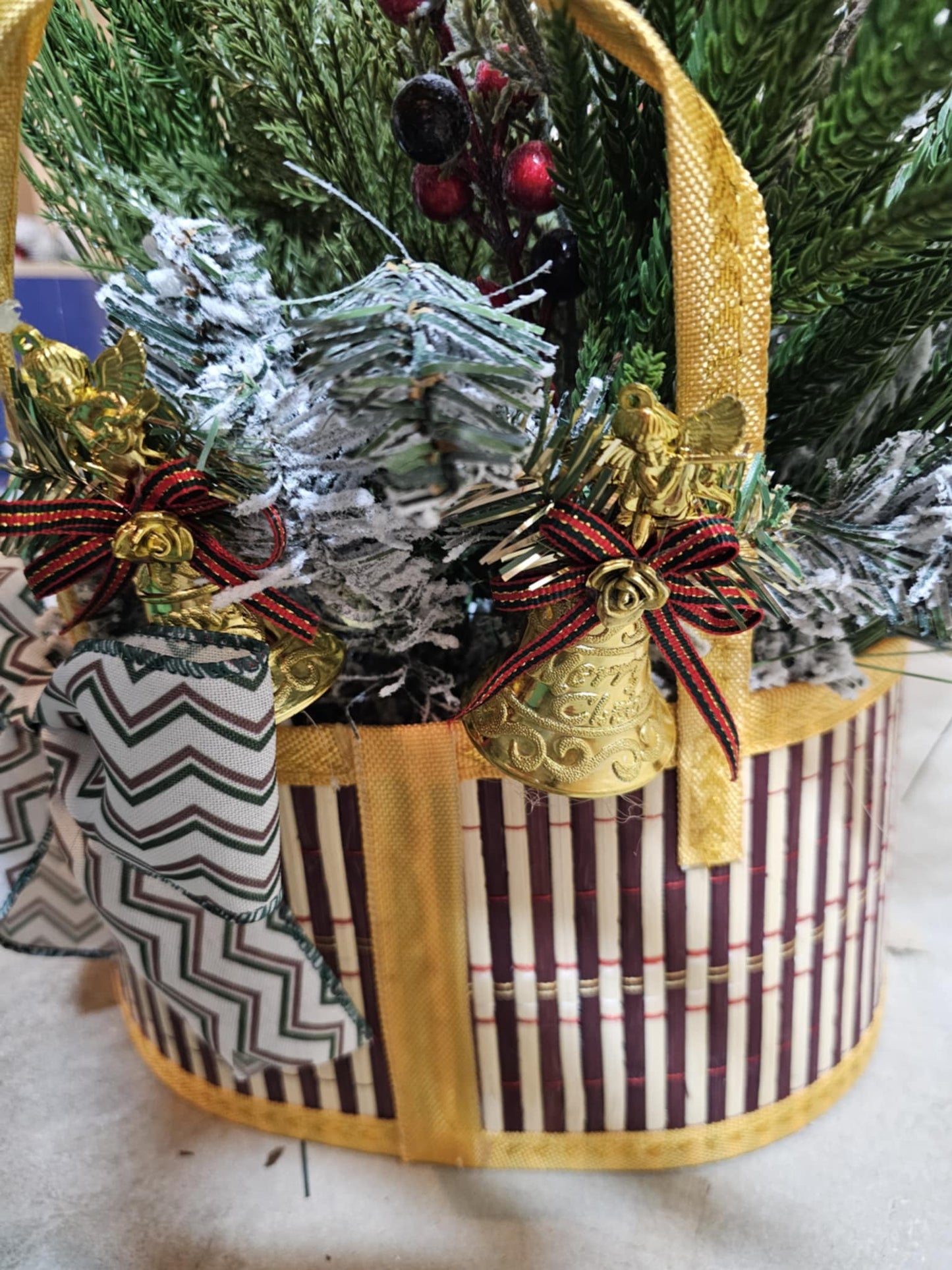 Handmade Winter Centerpiece – Holiday Basket Arrangement with Frosted Pine, Berries & Bow