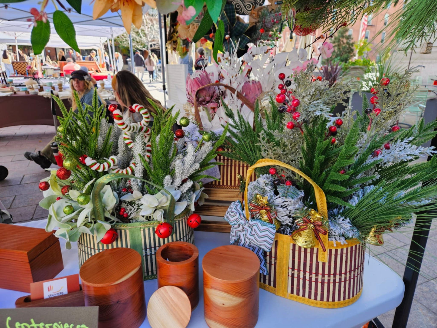 Handmade Winter Centerpiece – Holiday Basket Arrangement with Frosted Pine, Berries & Bow