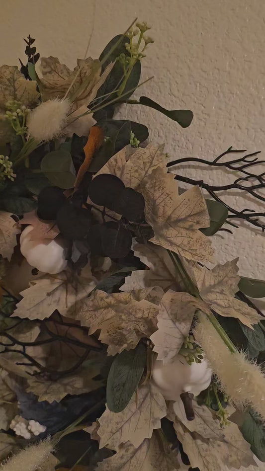 Rustic Fall Wreath with White Pumpkins | Farmhouse Front Door Décor | Autumn Greenery & Neutral Seasonal Wreath