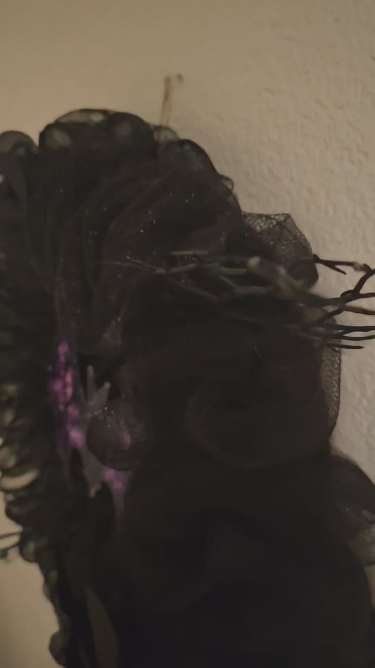 Gothic Halloween Bat Wreath | Black Mesh Wreath with Purple Bat & Roses | Spooky Front Door Décor