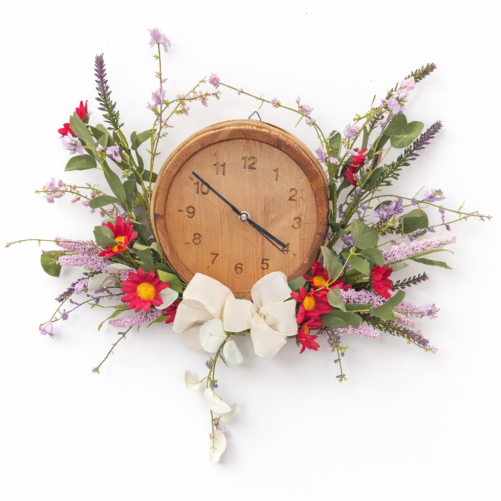 Floral Clock Wreath – Rustic Spring Decor with Working Clock