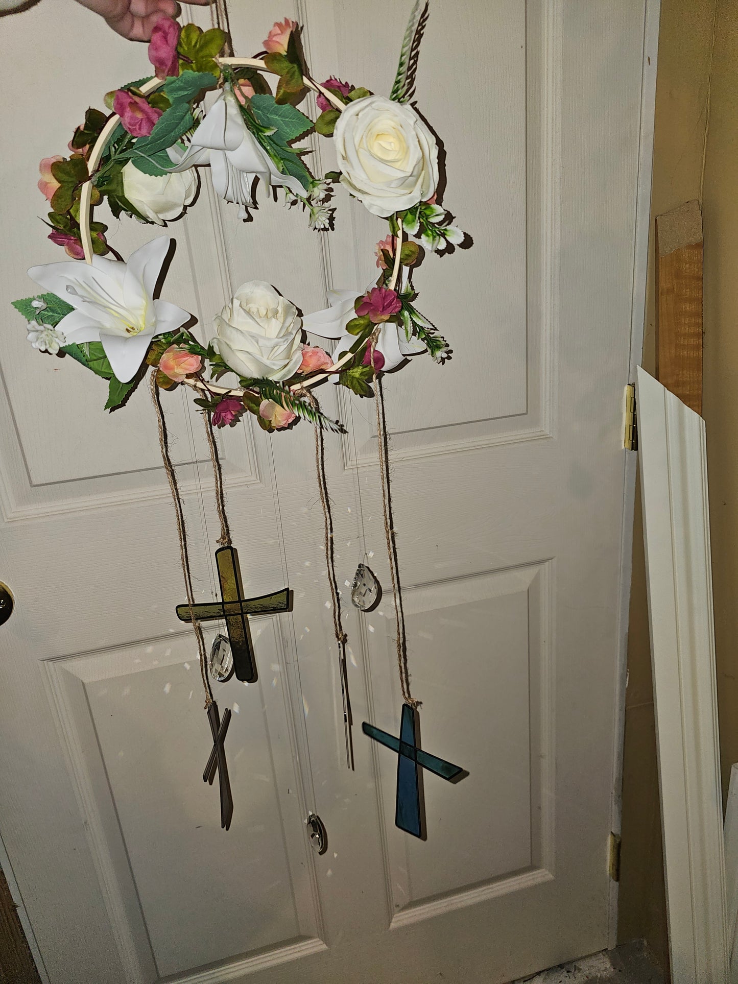 White Rose Floral Cross Suncatcher Wind Chime