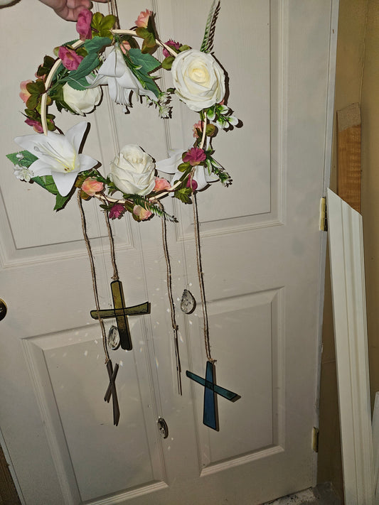 White Rose Floral Cross Suncatcher Wind Chime