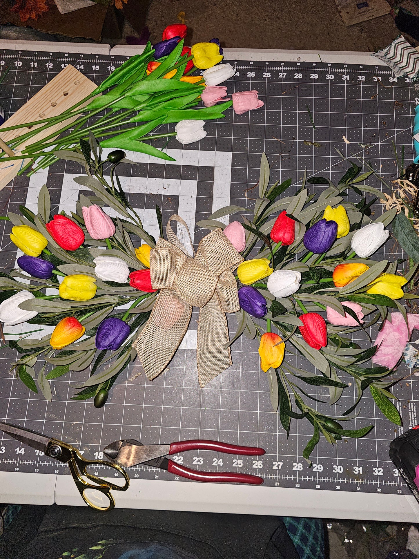 Colorful Tulip Horizontal Swag with Burlap Bow