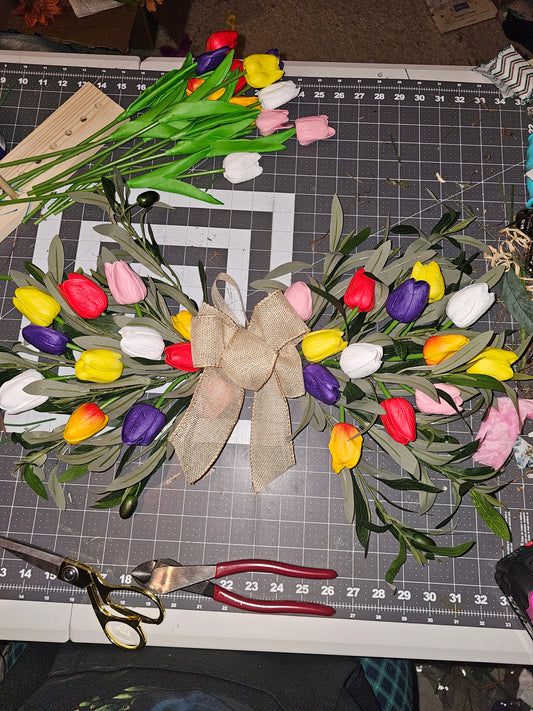 Colorful Tulip Horizontal Swag with Burlap Bow