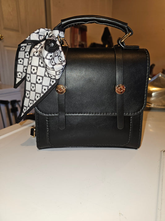 Black Structured Handbag with Floral Scarf