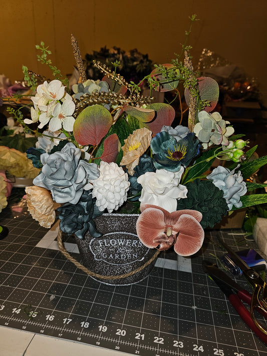 Neutral Floral Arrangement in Rustic Bucket