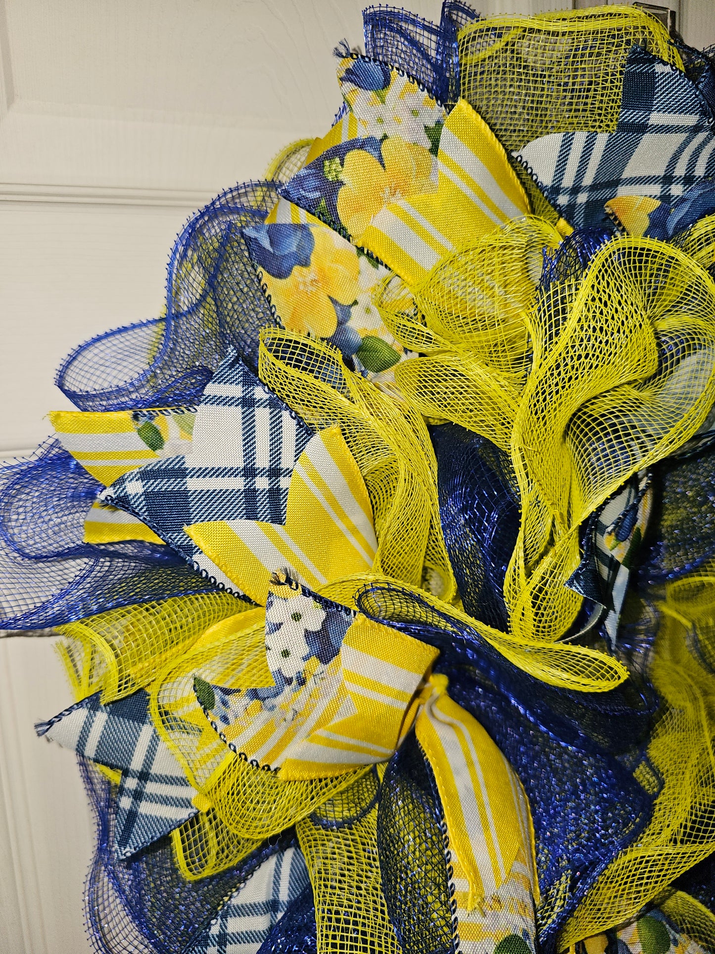 Blue & Yellow Spring Mesh Wreath – Plaid & Floral Front Door Decor – Handmade Everyday Wreath