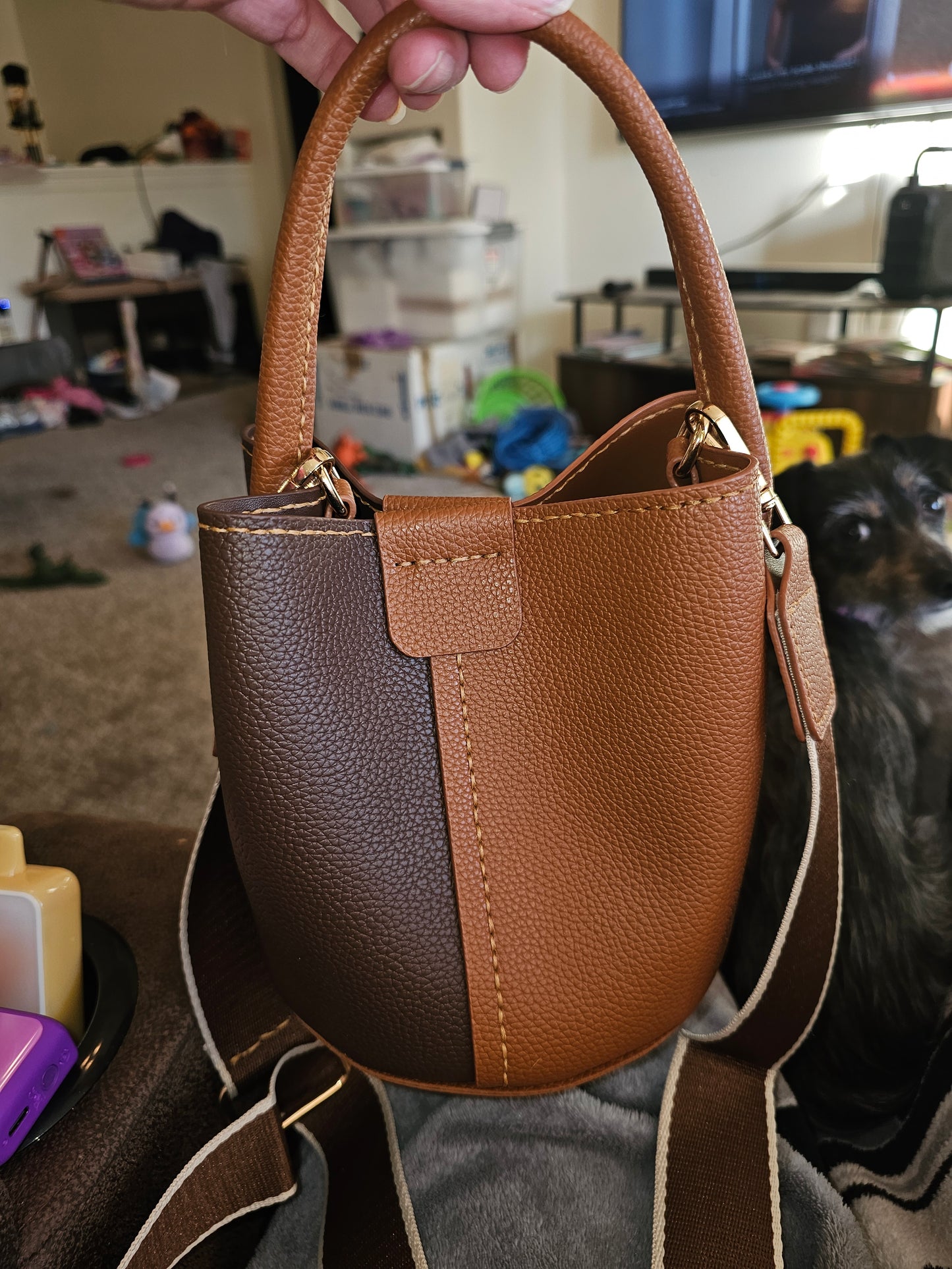 Brown Two-Tone Bucket Handbag