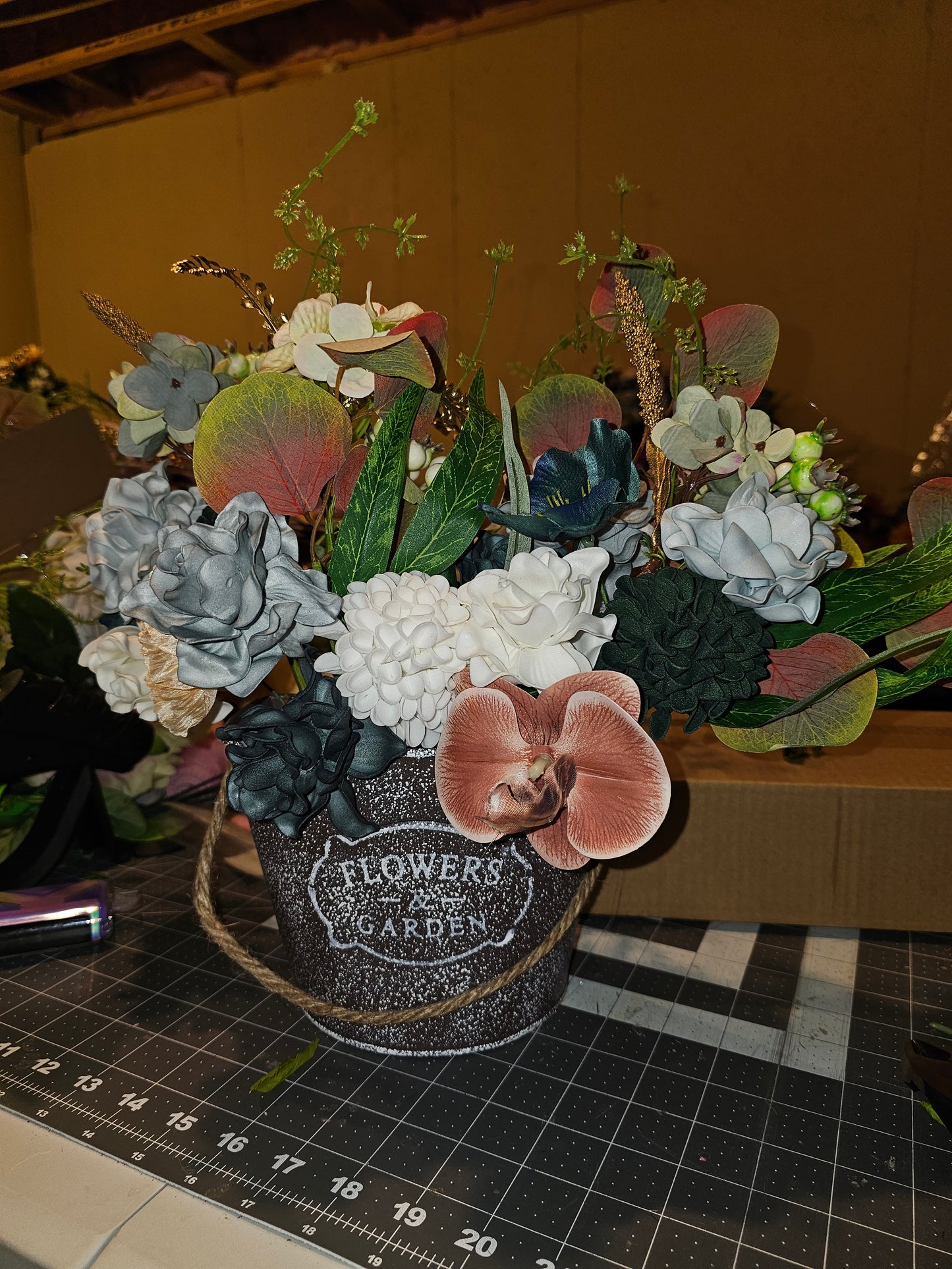 Neutral Floral Arrangement in Rustic Bucket