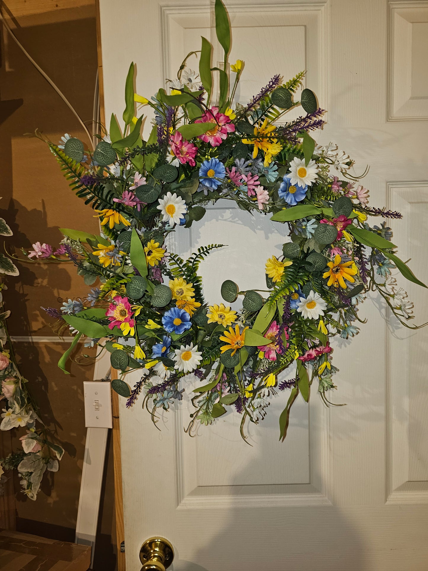 Wildflower Spring Wreath – Daisy & Greenery Front Door Decor – Handmade Garden Wreath