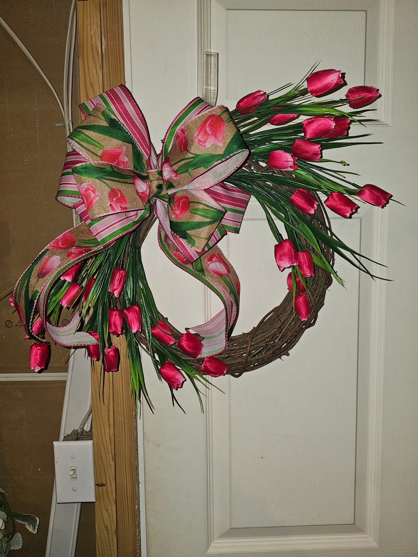 Pink Tulip Grapevine Wreath with Bow