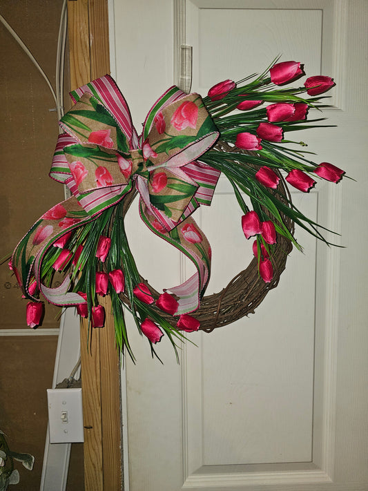 Pink Tulip Grapevine Wreath with Bow