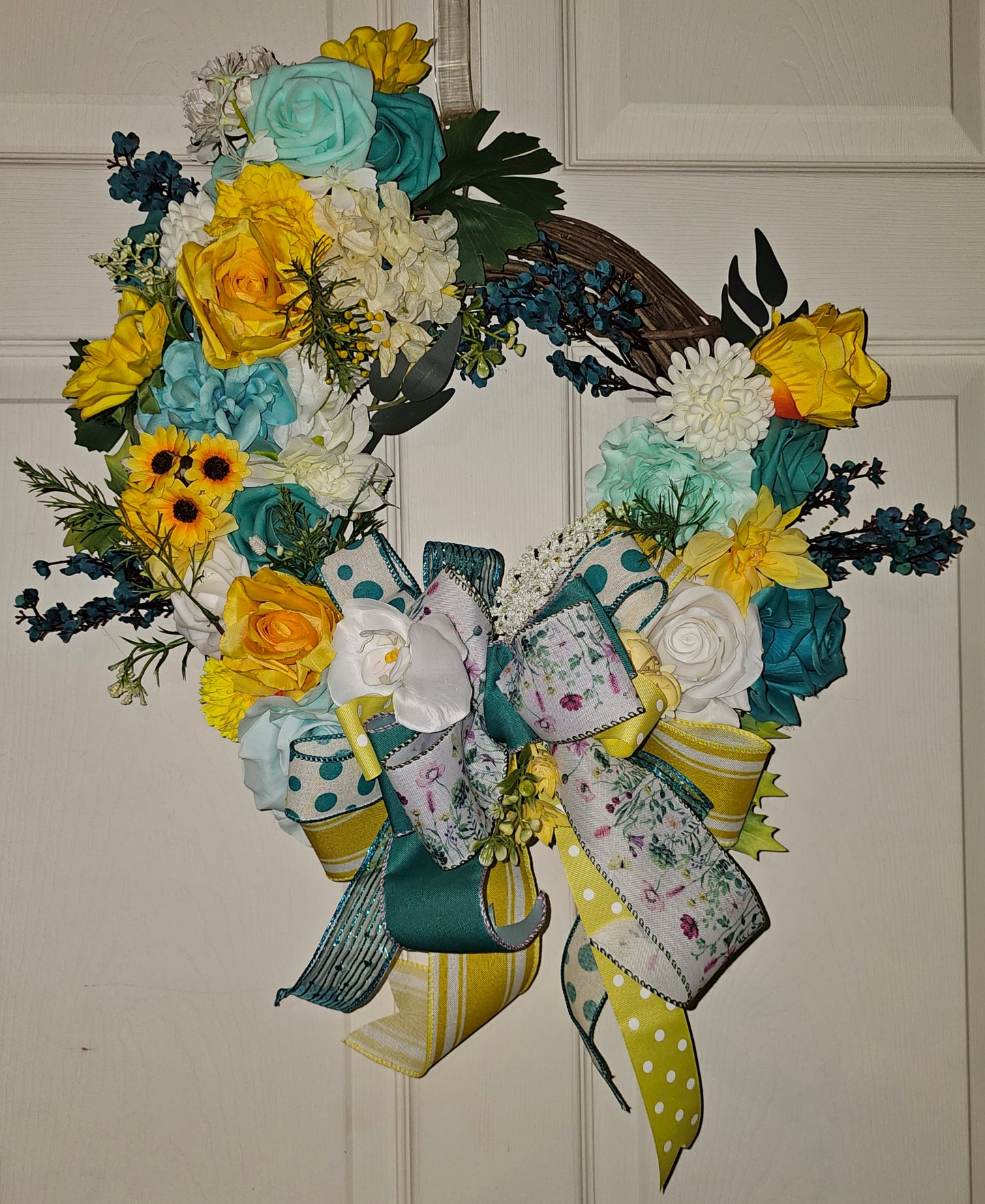 Teal & Yellow Floral Wreath with Bow