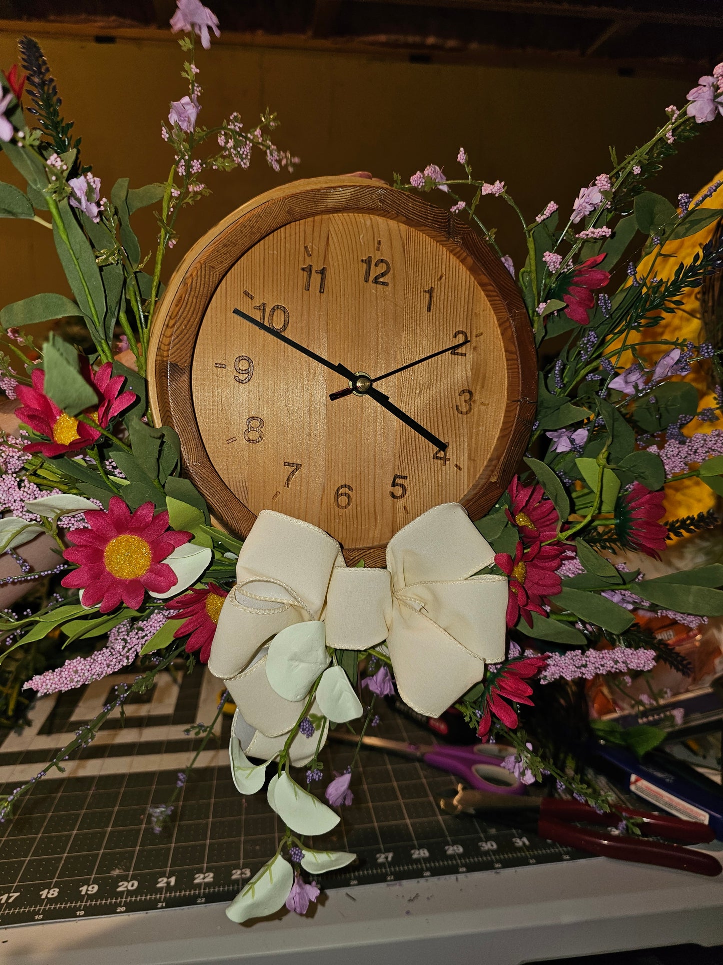 Floral Clock Wreath – Rustic Spring Decor with Working Clock