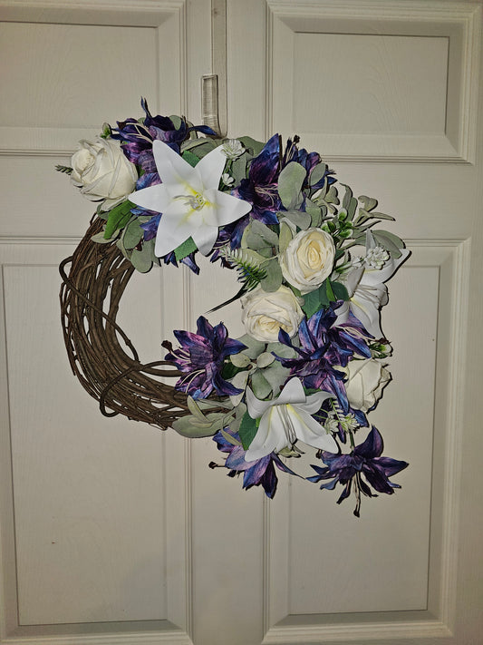 Purple White Lily Grapevine Wreath
