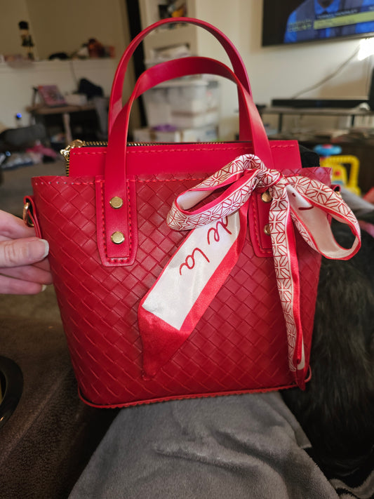 Red Woven Handbag with Scarf