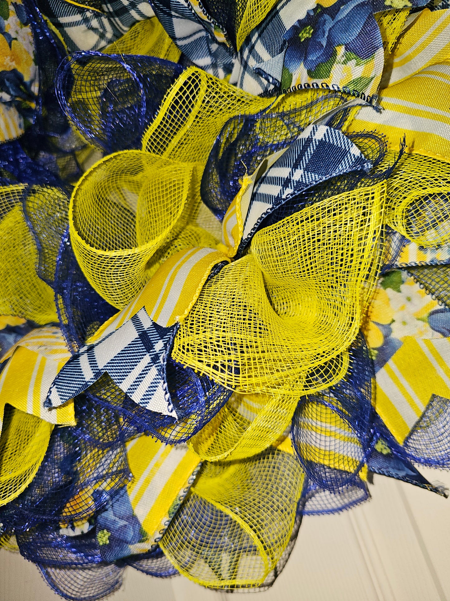 Blue & Yellow Spring Mesh Wreath – Plaid & Floral Front Door Decor – Handmade Everyday Wreath