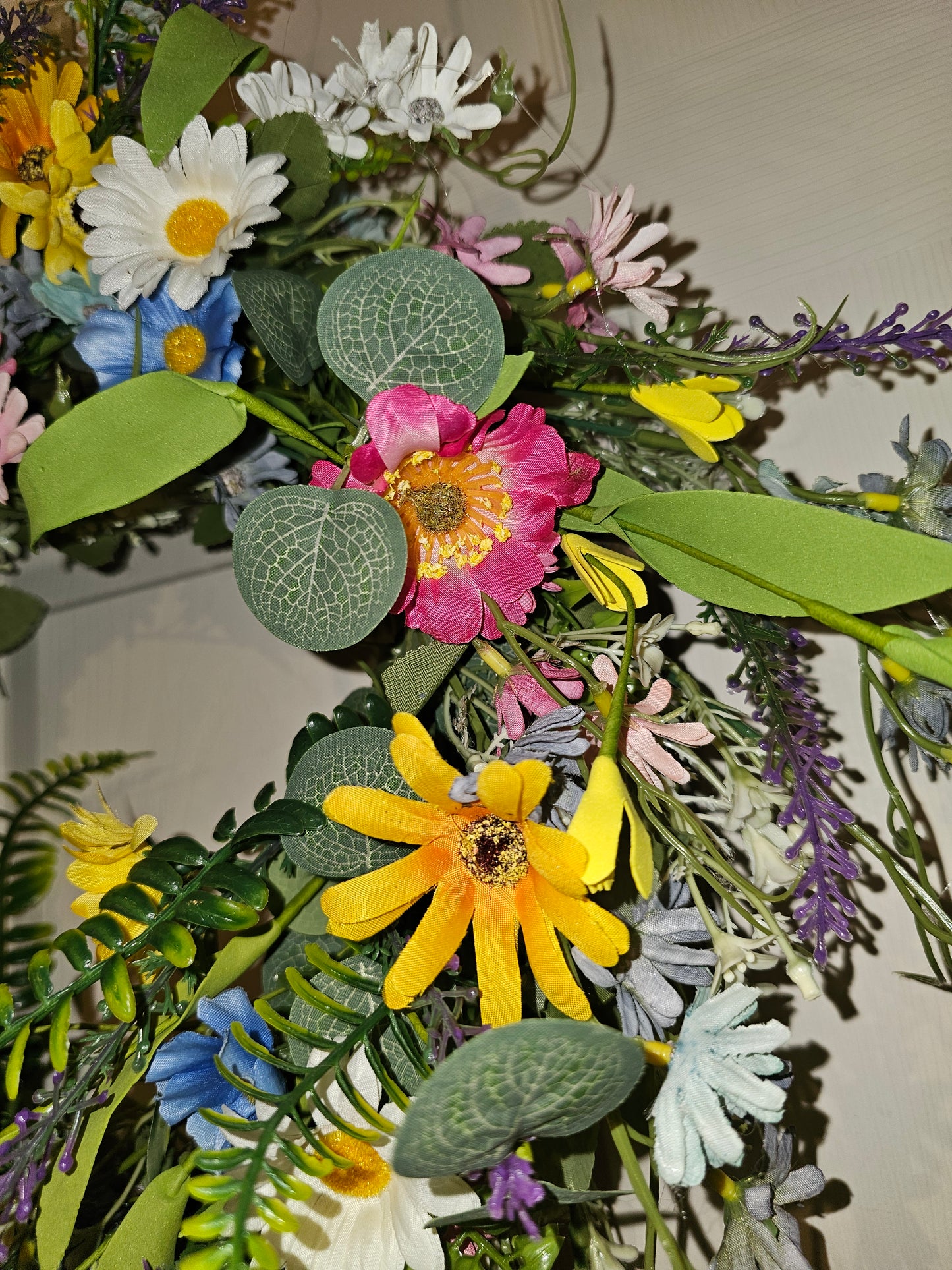 Wildflower Spring Wreath – Daisy & Greenery Front Door Decor – Handmade Garden Wreath